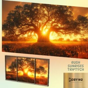 Tableau triptyque lever de soleil sur arbre.