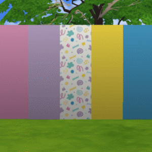 Mur coloré avec motifs amusants et arbres au fond.