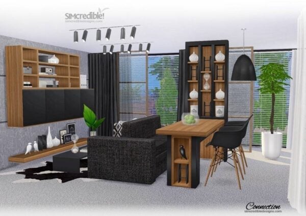Salon moderne avec meubles en bois et décoration noire.