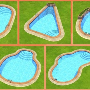 Cinq piscines de formes différentes sur gazon.