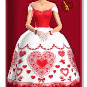 Sims féminin en robe rouge et blanche avec motifs de cœur.