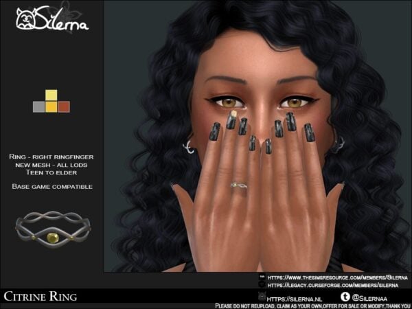 Sims avec bague citrine sur l'annulaire droit.