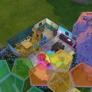 Vue d'une maison colorée dans Les Sims.