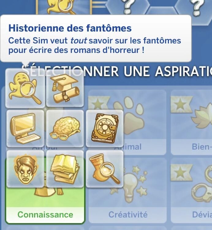 Écran de sélection d'aspiration dans un jeu.