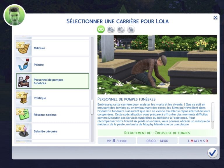 Sélection de carrière dans Les Sims.