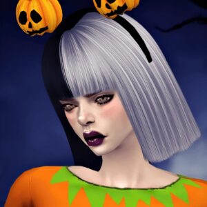 Sims Halloween, cheveux argentés, serre-tête citrouilles.