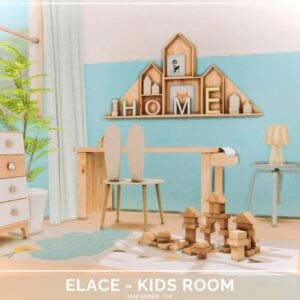 Chambre d'enfant avec meubles en bois et jouets.