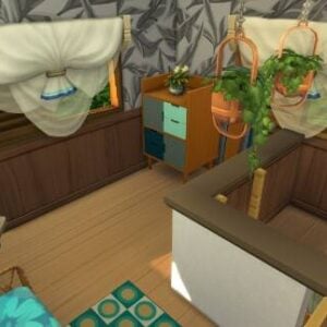 Intérieur coloré du jeu Sims 4 avec plantes.