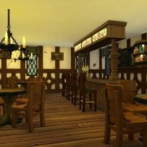 Taverne médiévale dans Les Sims 4, intérieur en bois.