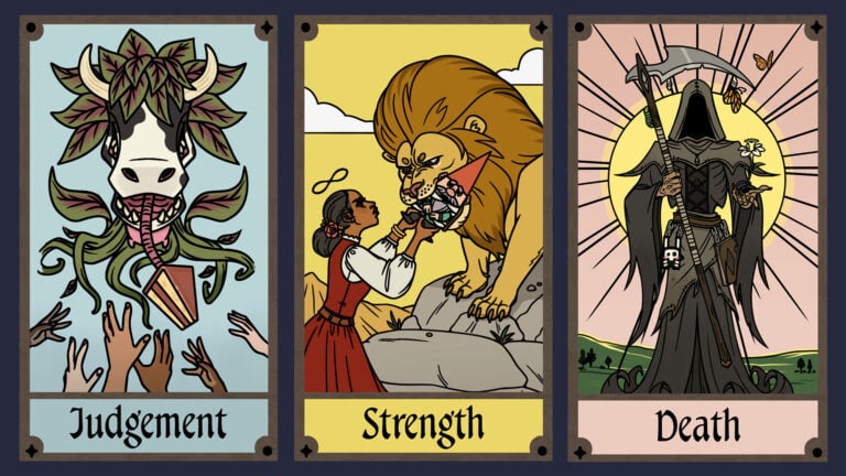 Cartes de tarot: Jugement, Force, Mort.