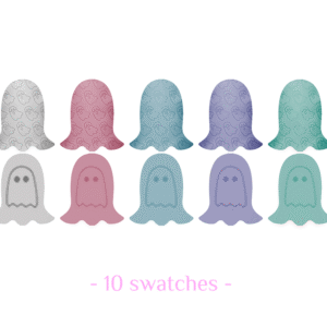 Ten colorful samples in the shape of ghosts.