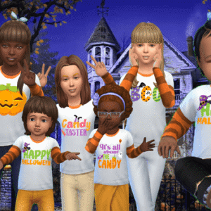 Children dressed up for Halloween in front of a haunted house.