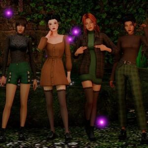 Four virtual characters in front of a wall of foliage.