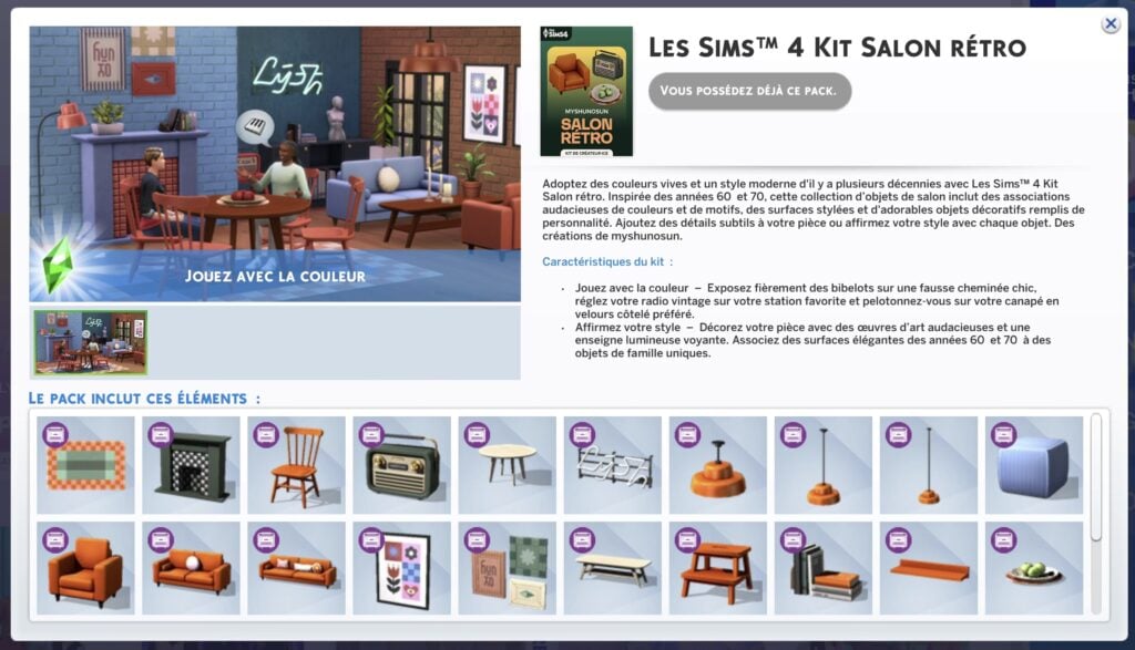 Les objets du kit Sims 4 Salon Rétro