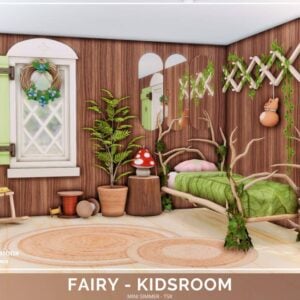 Chambre enfant fée avec décor boisé et plantes.