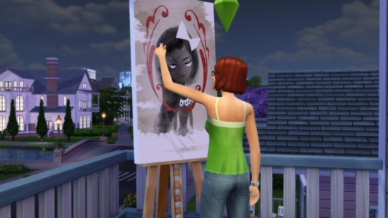 Femme peignant dans Les Sims 4, scène nocturne.