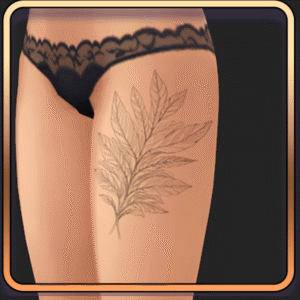 Tatouage feuille Sims 4 sur cuisse féminine.