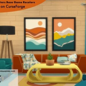 Affiche Sims 4, décoration intérieure colorée.