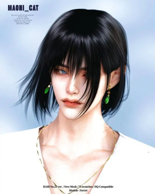 Personnage Sims 4 avec cheveux noirs et boucles d'oreilles.