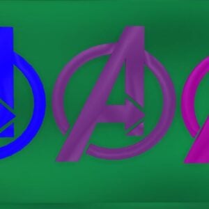 Logos Avengers colorés, fond vert, style Sims 4.