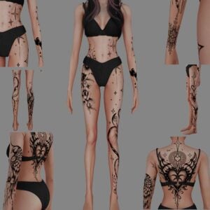 Tatouages Sims 4 sur femme en maillot de bain.