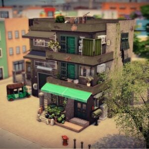 Immeuble résidentiel dans Sims 4, quartier animé.