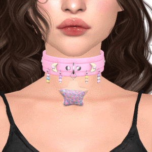 Personnage Sims 4 avec collier rose personnalisé.