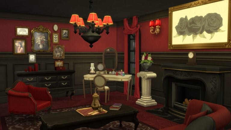 Salon chic dans Sims 4 décoré en rouge et noir.