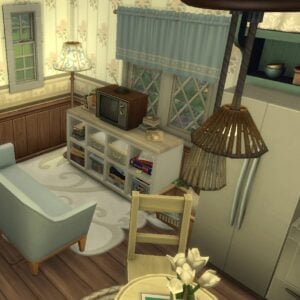 Salon vintage dans Les Sims 4, décoration rétro.