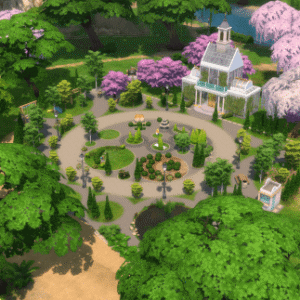 Jardin botanique dans Les Sims 4, vue aérienne.