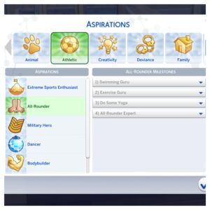 Options d'aspirations athlétiques dans Les Sims 4.