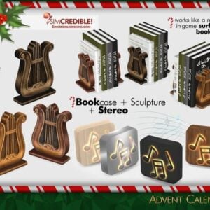 Accessoires Sims 4 : bibliothèque et sculpture musicale.