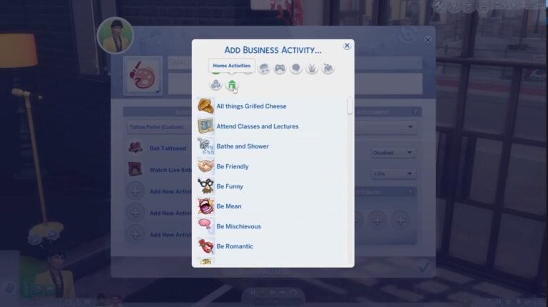 Liste d'activités domestiques Sims 4 à choisir.