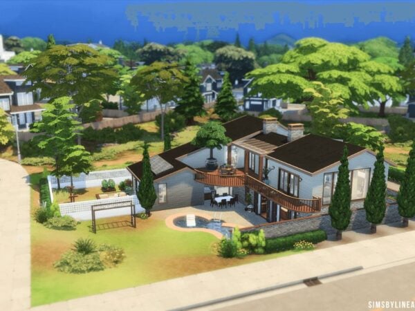 Maison moderne dans Les Sims 4, jardin et piscine.