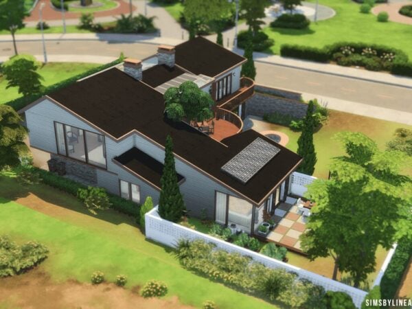 Maison moderne dans Les Sims 4, vue aérienne.