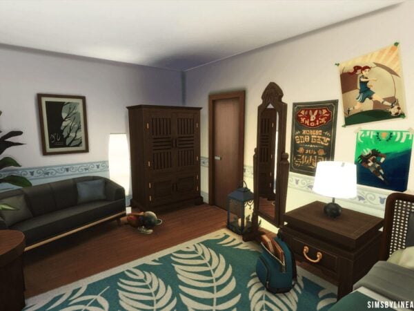 Intérieur chambre Sims 4 avec décoration moderne.