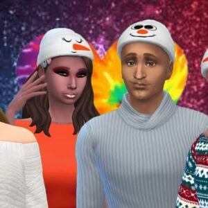 Personnages colorés de Sims 4 en tenues d'hiver.