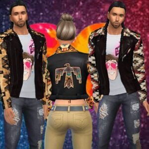 Sims 4 personnages avec vestes colorées.