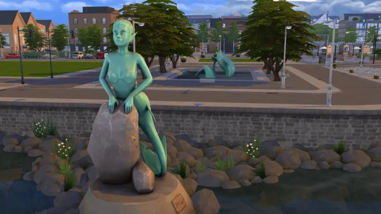 Statue de sirène dans Les Sims 4 jeu vidéo.