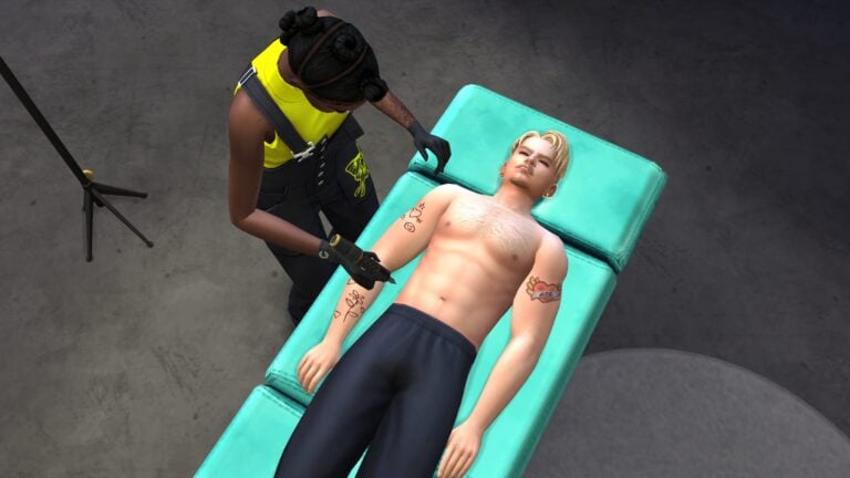 Tatouage dans Les Sims 4, personnage allongé sous aiguille.