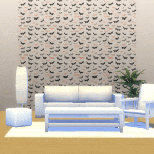 Salon moderne Sims 4 avec motif chauve-souris.