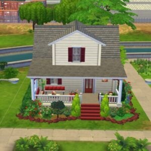 Maison virtuelle dans Les Sims 4, jardin entourant.