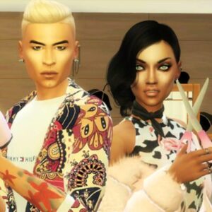 Personnages personnalisés Sims 4 avec tenues stylisées.