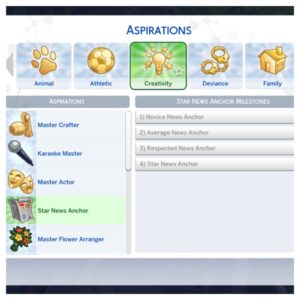 Écrans ambitions Sims 4, créativité sélectionnée.