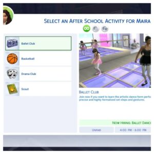 Sélection d'activités périscolaires dans Les Sims 4.