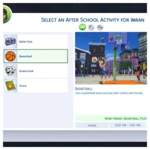 Menu activités extrascolaires dans Les Sims 4.