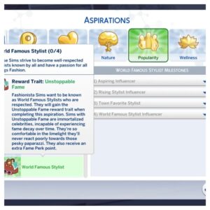 Aspiration célèbre styliste Sims 4 interface jeu.