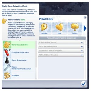 Interface aspiration détective Les Sims 4