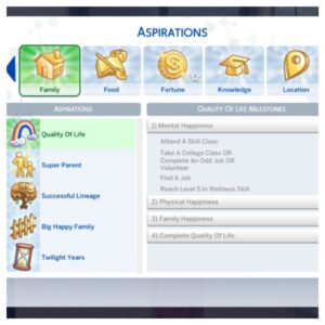 Options d'aspirations dans Les Sims 4.