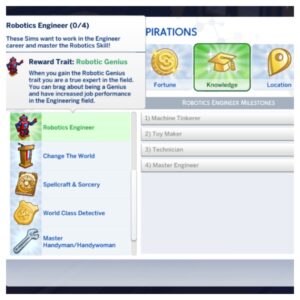 Menu ingénieur robotique Sims 4 avec étapes et récompenses.